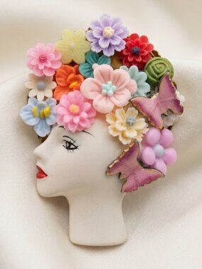 Lady Portrait Brooch Floral Crown OOAK Art Piece Butterfly Headpiece 2.8”